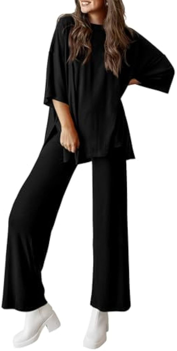 Women's Casual Lounge Set made of Soft Jersey with Oversized Tunic and Wide Palazzo Pants Drune
