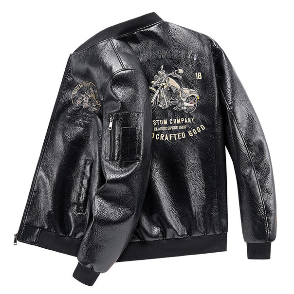 Men's  motorcycle graphic faux-leather varsity bomber with embroidered back panel and sleeve utility pocket Mune Fashion
