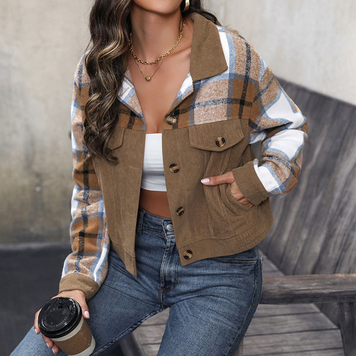 Ladies Short Jacket Cord and Check Mix with Buttons & Breast Pockets Mune Fashion