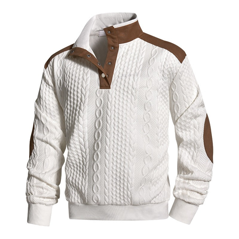 Men's knitted sweater with cable pattern, stand-up collar and contrast shoulder & elbow patches Mune Fashion