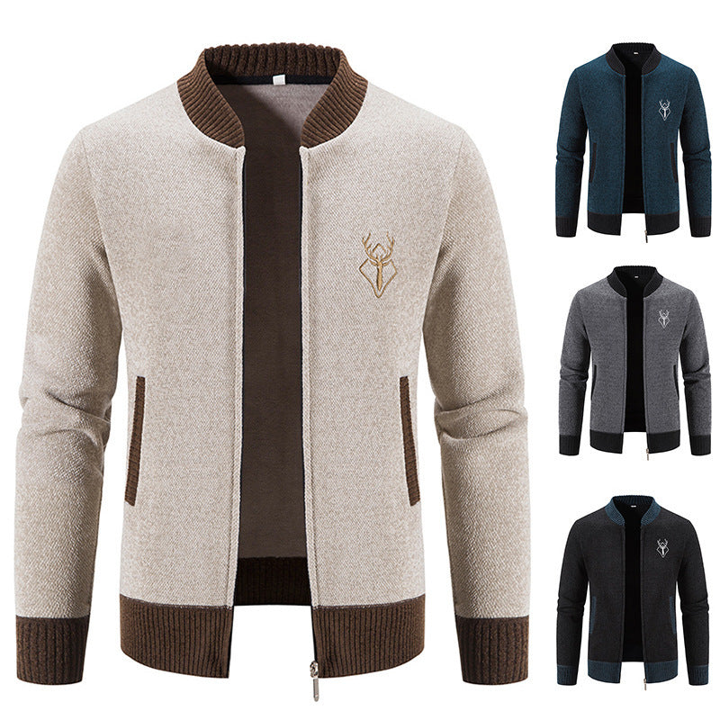 Men's casual zip-knit jacket with soft thermal lining, ribbed stand-up collar and deer logo Mune Fashion