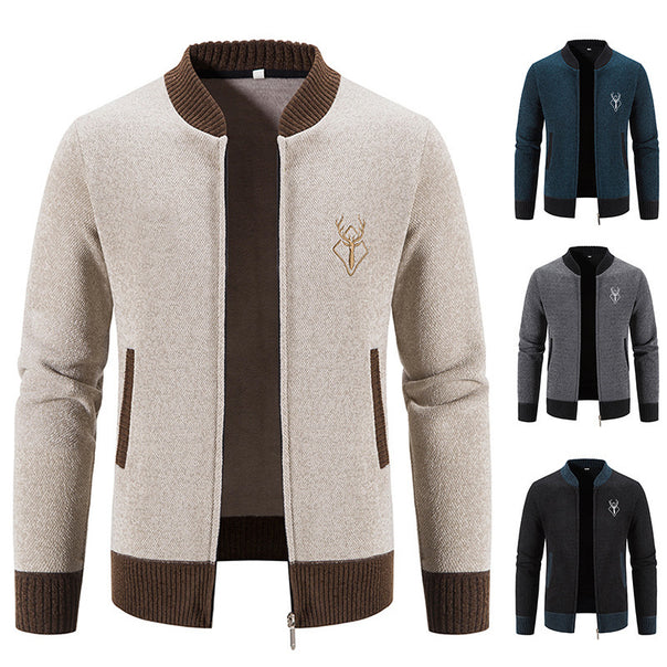 Men's casual zip-knit jacket with soft thermal lining, ribbed stand-up collar and deer logo Mune Fashion