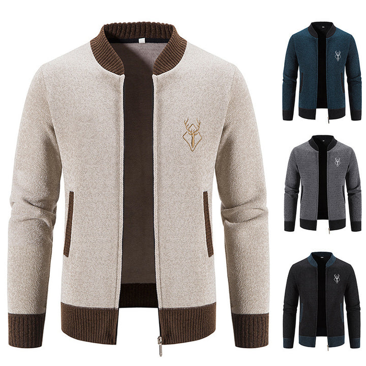 Men's casual zip-knit jacket with soft thermal lining, ribbed stand-up collar and deer logo Mune Fashion