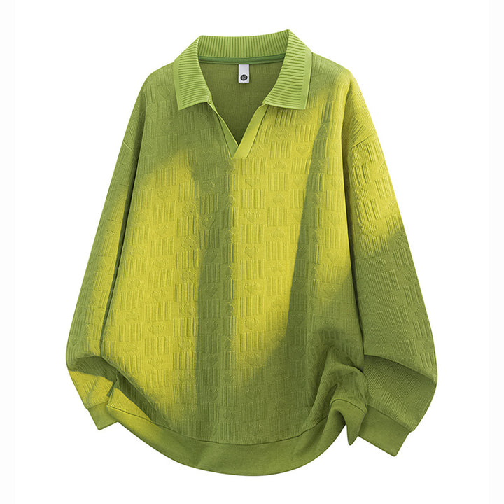 Men's Oversize Knit Polo with Textured Knit, Open V-Neck and Ribbed Collar Mune Fashion