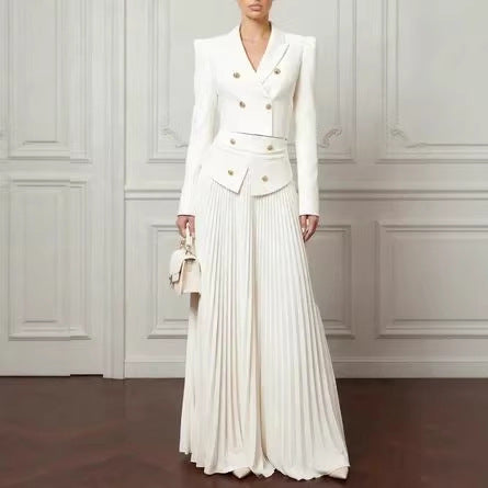 Women Two-Piece Fitted Suit with Double-Breasted Blazer and Pleated Maxi Skirt Mune Fashion