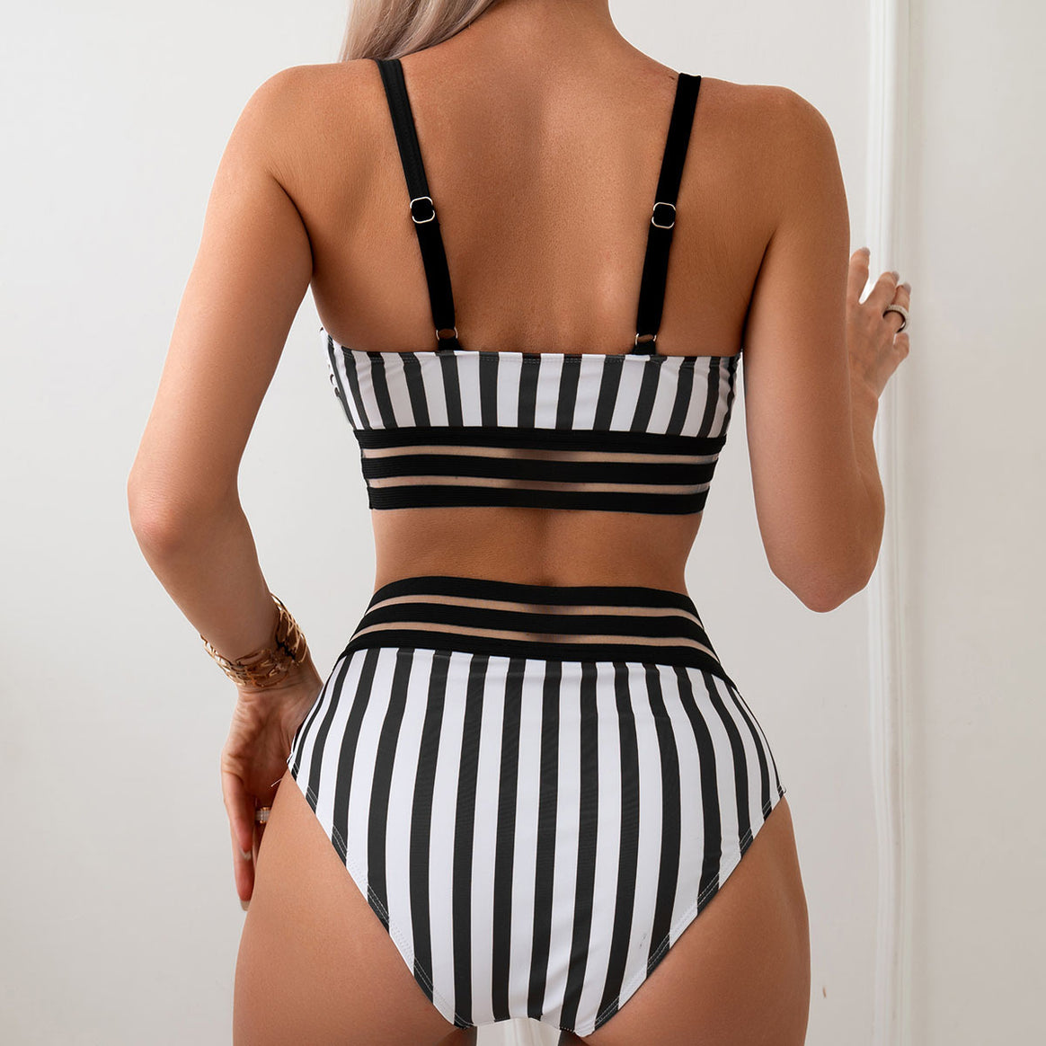 Ladies High-Waisted Bikini Set with Striped Design Mune Fashion