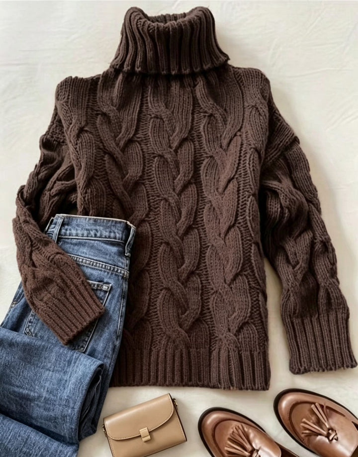 Women's chunky knit turtleneck sweater with distinctive cable patterns and ribbed cuffs Mune Fashion