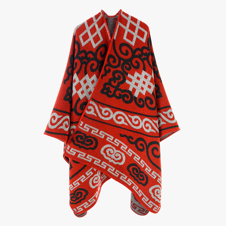 Women's jacquard wrap in ruana style with ornamental weaving structure Mune Fashion