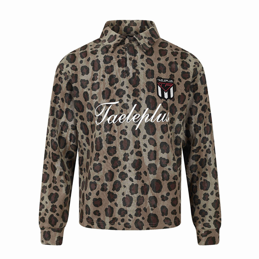 Women Long Sleeve Polo Shirt with Waffle Structure, Button Placket and Animal Print Mune Fashion