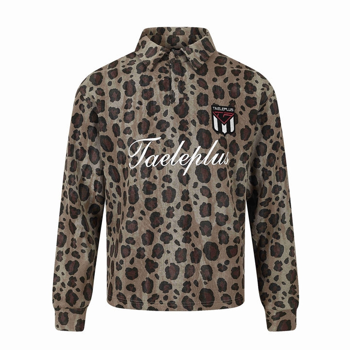 Women Long Sleeve Polo Shirt with Waffle Structure, Button Placket and Animal Print Mune Fashion