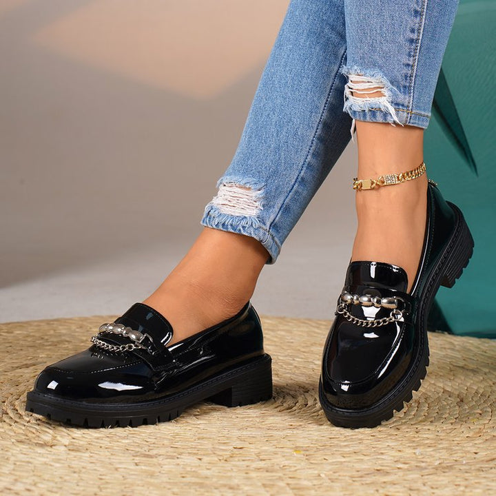 Women’s patent loafers with patterned rubber sole and chain detail Mune Fashion