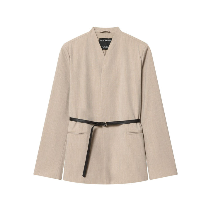 Ladies non-tailored collarless blazer with V-neck and thin leather belt Mune Fashion