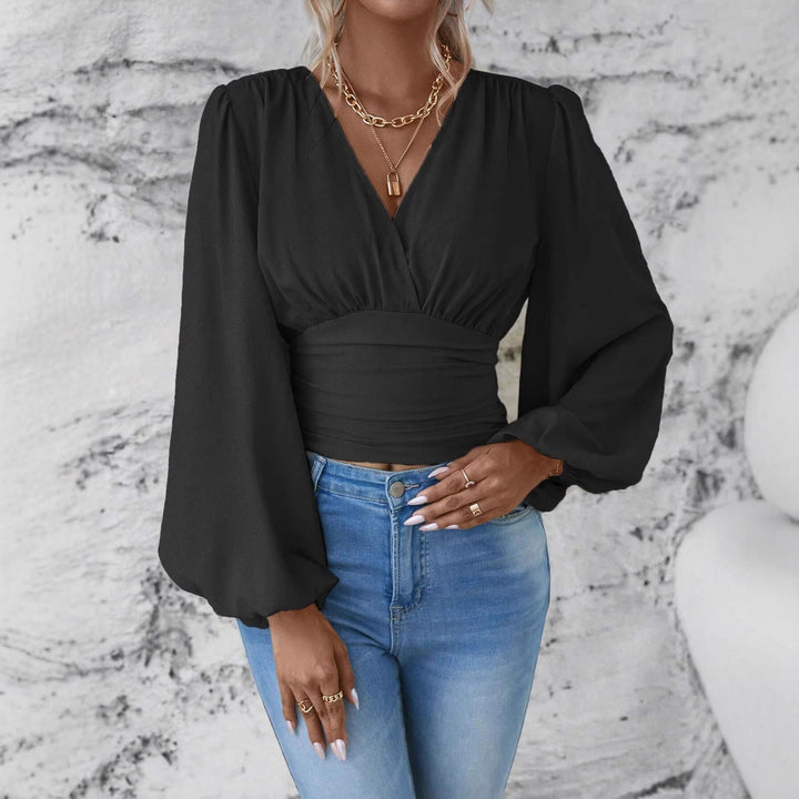 Women's Wrap Cropped Top with Gathered Waist and Wide Balloon Sleeves Mune Fashion