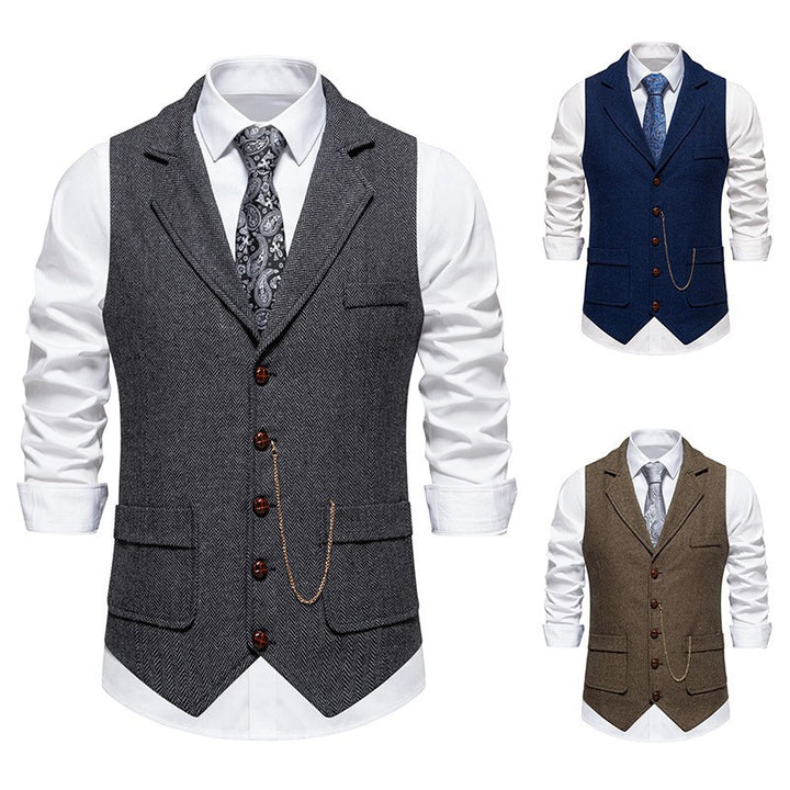 Men's vintage vest with lapel collar watch chain and breast pocket Mune Fashion