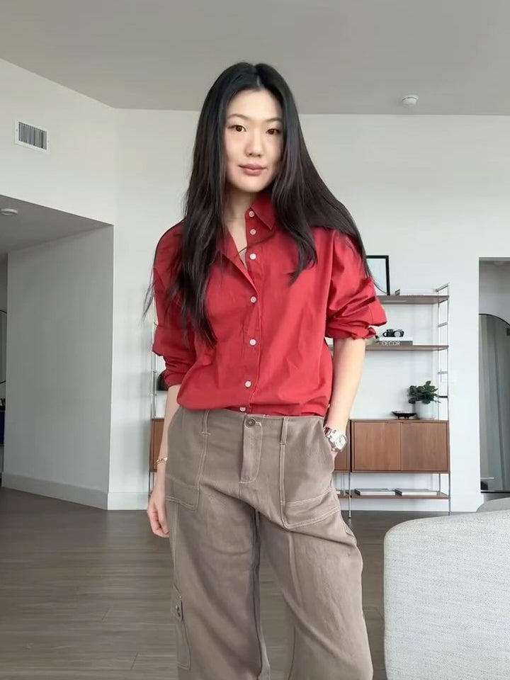 Women's loose-fitting cotton blouse with full button placket, shirt collar & roll-up sleeves Mune Fashion