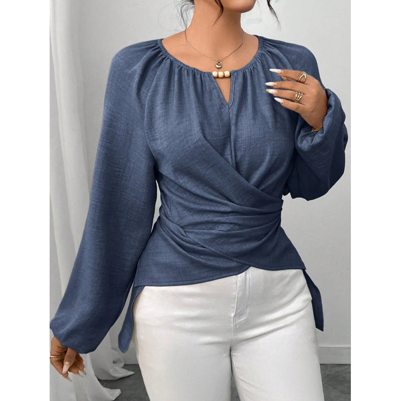 Women Tailored Wrap Blouse with Pearl Detail and Balloon Sleeves Mune Fashion