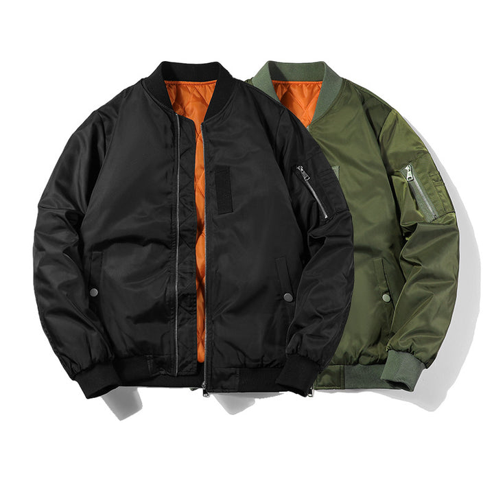 Men's bomber jacket in pilot look with contrasting inner lining, sleeve utility pocket, and elastic rib cuffs.