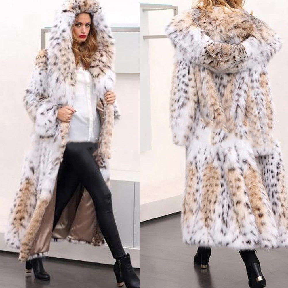Women's Longer Faux Fur Coat with Hood and Lynx Look Mune Fashion