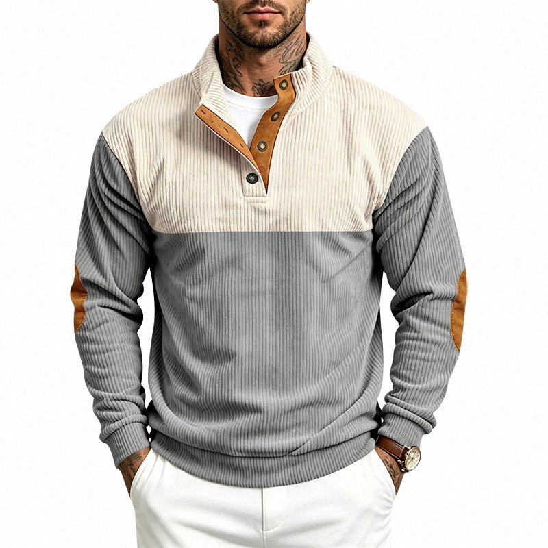Men's Ribbed Stand-Up Collar Sweater with Button Placket, Contrast Trim and Elbow Patches Mune Fashion