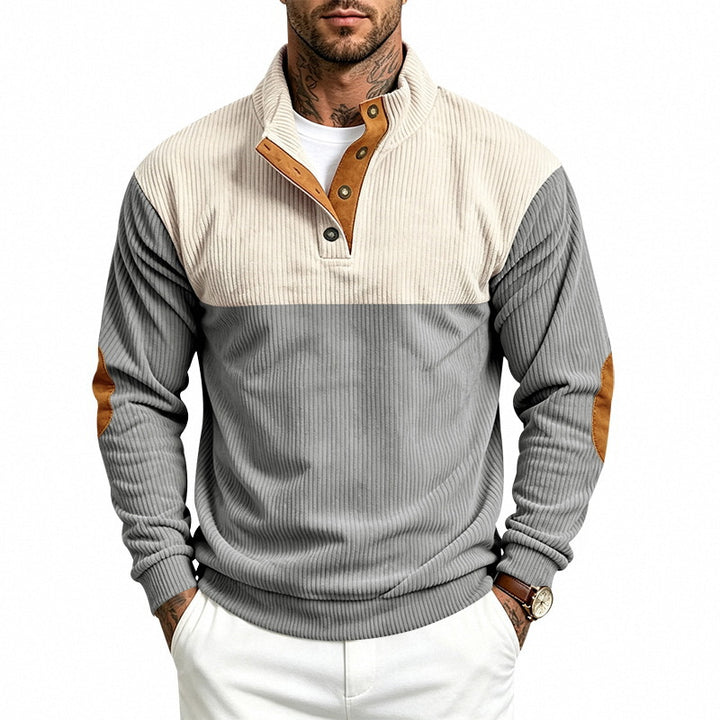 Men's Ribbed Stand-Up Collar Sweater with Button Placket, Contrast Trim and Elbow Patches Mune Fashion