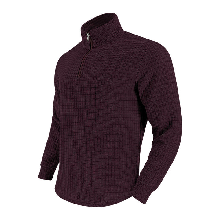 Men's Quilted Quarter-Zip Pullover with Check Pattern and Stand Collar Mune Fashion