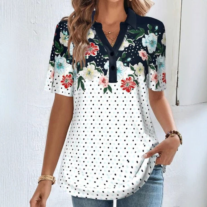 Women's Short Sleeve Polo Collar Tunic with Floral Yoke and Allover Polka Dot Print Mune Fashion