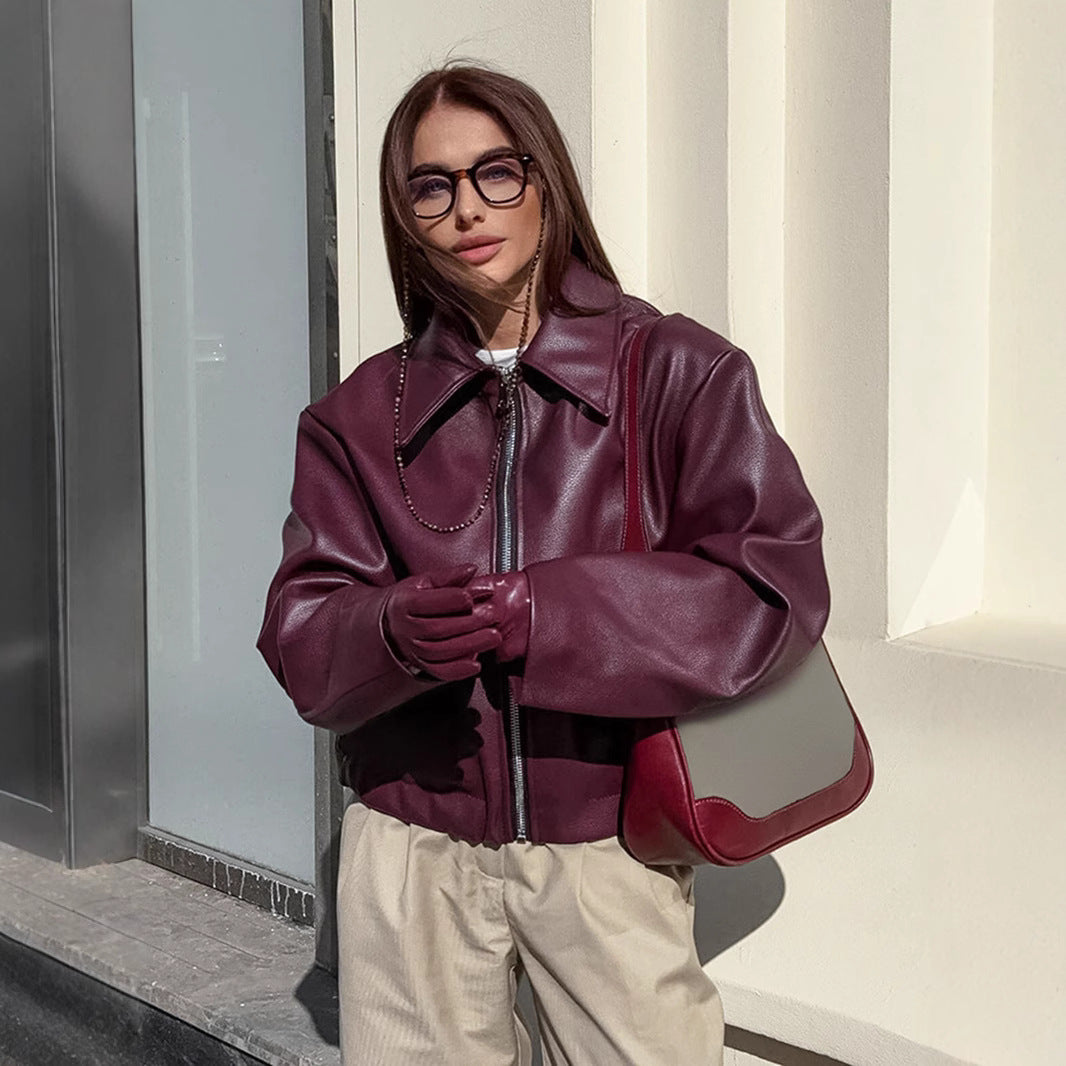 Women's Short Oversized Faux Leather Jacket with Shirt Collar and Elastic Hem Mune Fashion