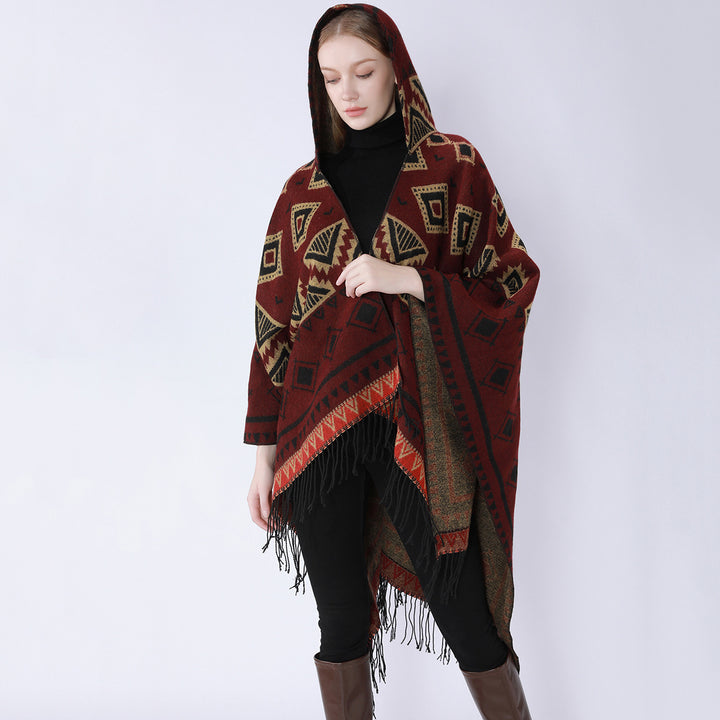 Women's Layered Hooded Overlay with Asymmetric Fringe Hem and Geometric Jacquard Mune Fashion