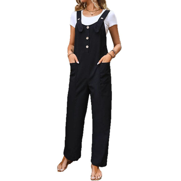 Ladies Soft-Falling Strap Jumpsuit with Wide Leg and Wooden Button Closure Mune Fashion