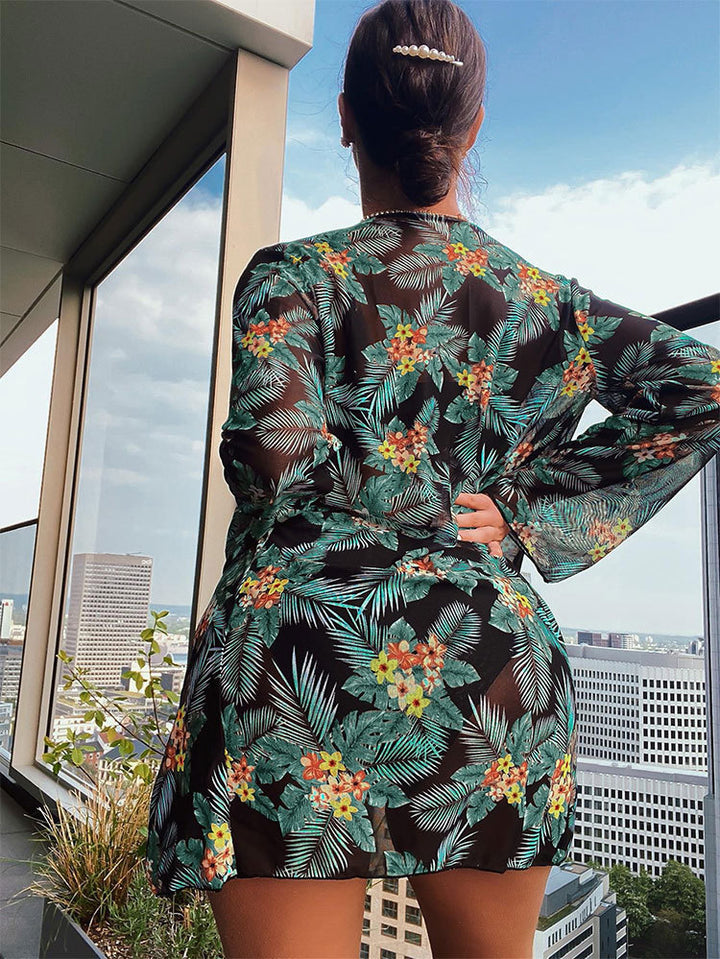 Women's bikini set with floral high-waisted bottom and matching kimono Mune Fashion