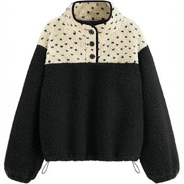 Women's teddy fleece pullover with stand-up collar, press button placket, and drawstring Mune Fashion