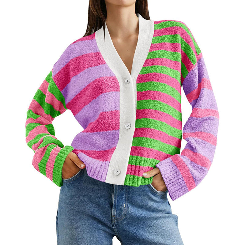 Women’s loose striped terry cardigan with V-neck and button placket Mune Fashion