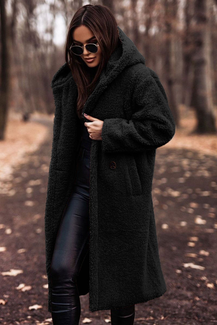 Women oversized teddy coat with hood and button closure Mune Fashion
