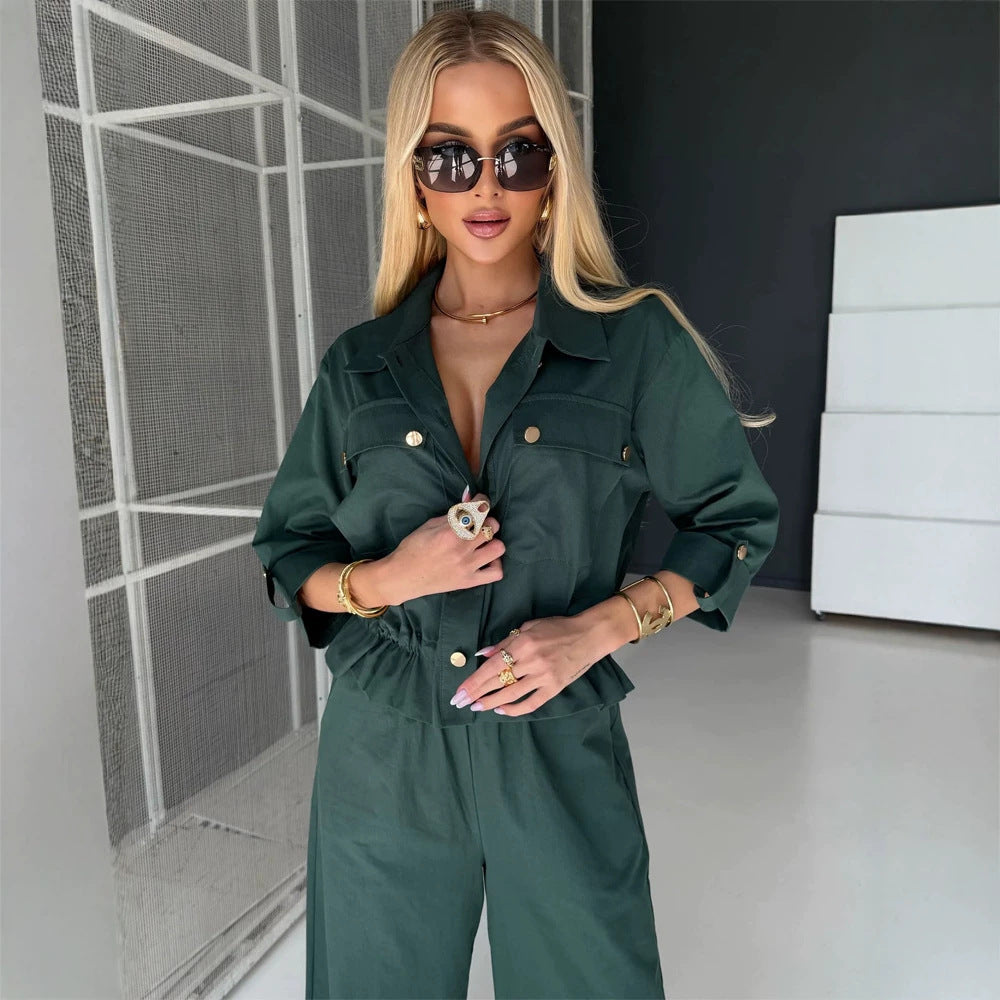 Women's Two-Piece Utility Shirt Jacket and High Waisted Pants Set with Drawstring and Gold Snap Buttons Mune Fashion