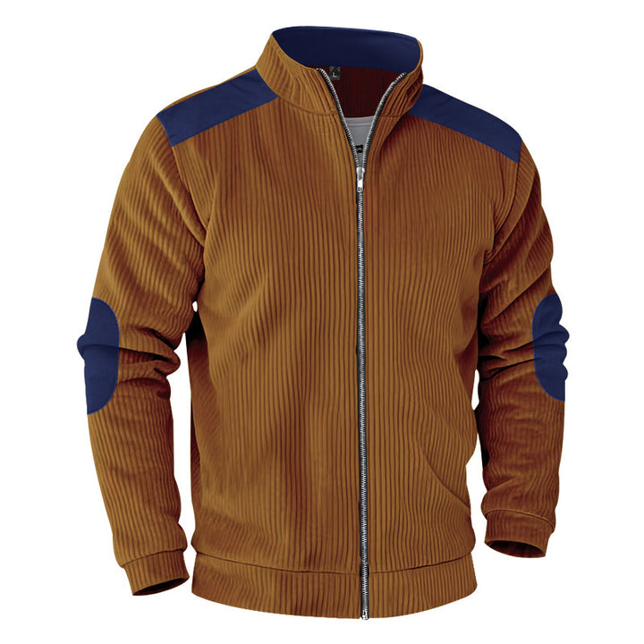 Men's ribbed stand-up collar sweat jacket with full zip, shoulder and elbow patches Mune Fashion