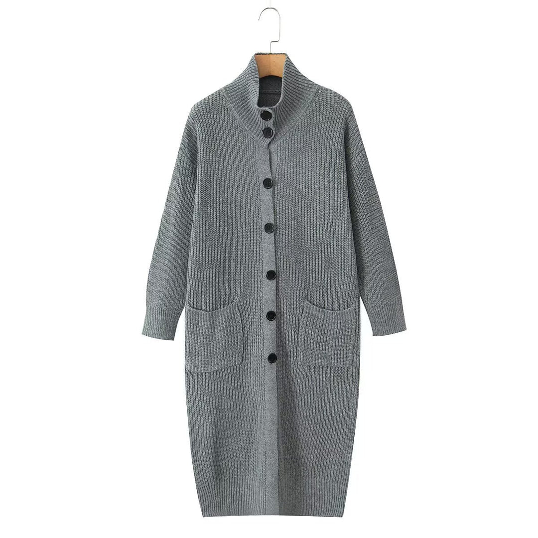 Women Long Chunky Knit Cardigan with Shawl Collar, Button Placket and Patch Pockets Mune Fashion