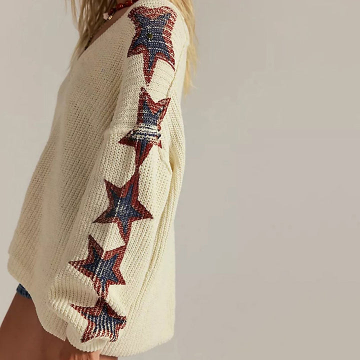 Women's Oversized Knit Sweater with V-Neck and Star Patterns Mune Fashion