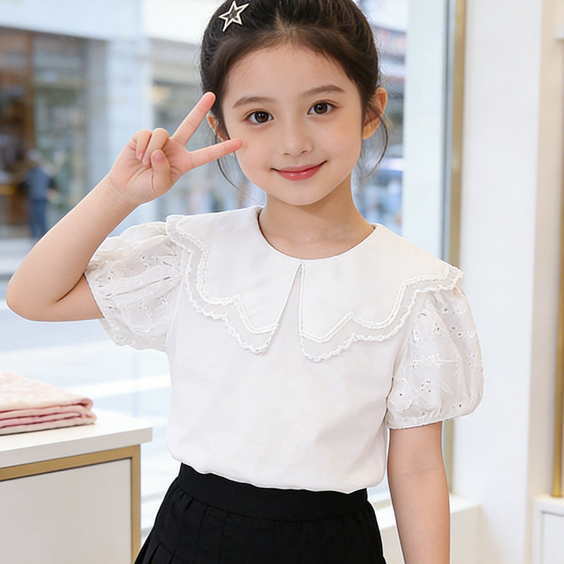 Girls fashionable T-shirt with embroidered collar and puff sleeves Mune Fashion