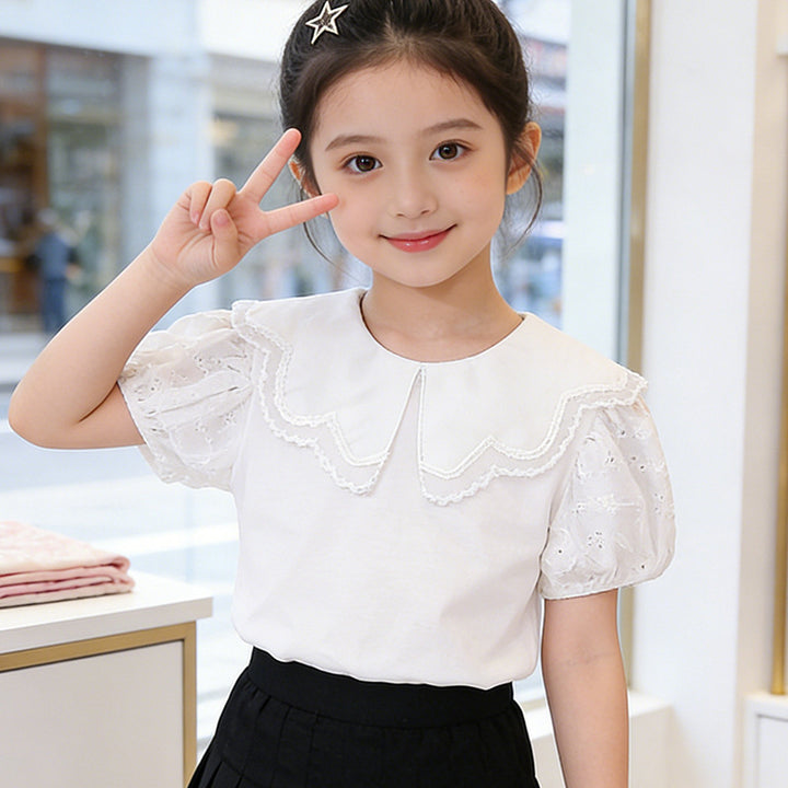 Girls fashionable T-shirt with embroidered collar and puff sleeves Mune Fashion