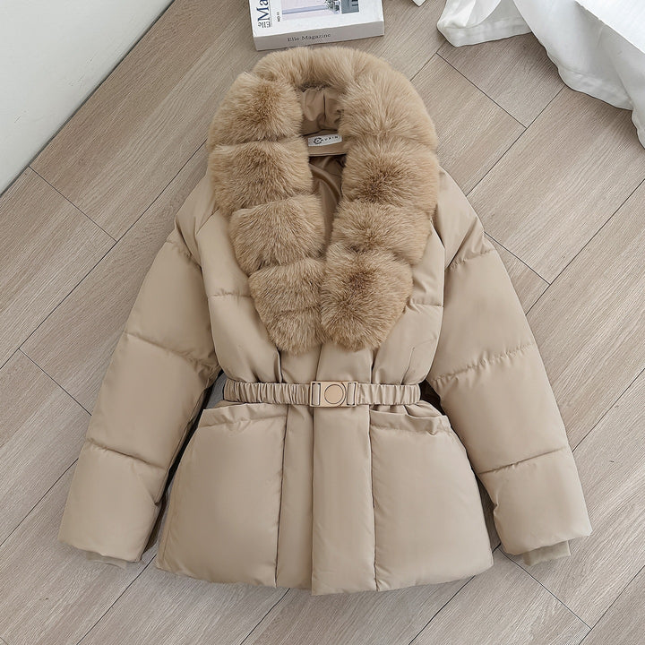 Women Tailored Short Quilted Jacket with voluminous Shawl Collar made of Faux Fur and Decorative Belt Mune Fashion