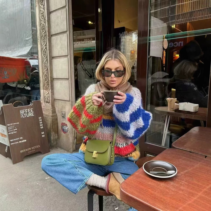 Women's Oversize Knit Sweater made of Mohair Mix with Voluminous Balloon Sleeves and Block Stripes Mune Fashion