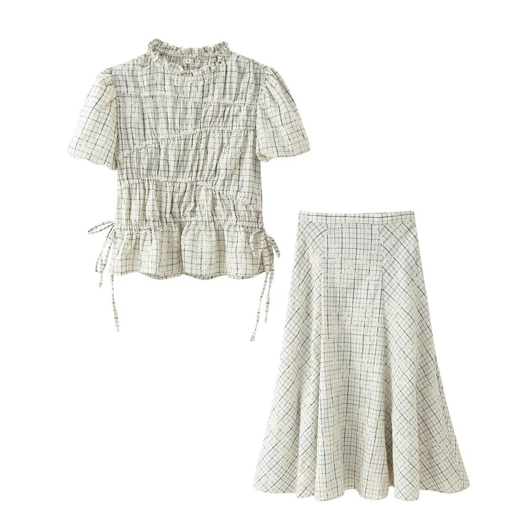 Women's A-line maxi skirt with check pattern and floral lace embroidery Mune Fashion