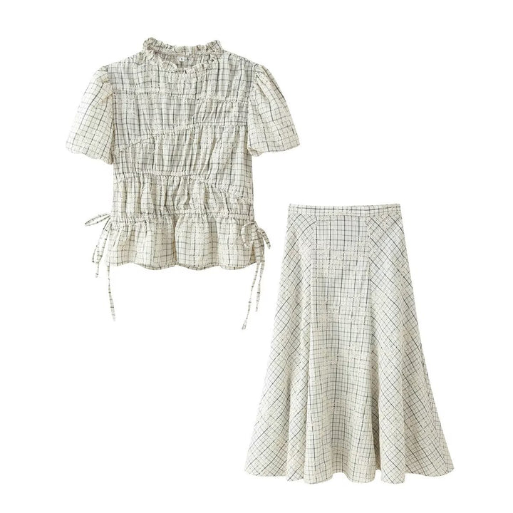 Women's A-line maxi skirt with check pattern and floral lace embroidery Mune Fashion