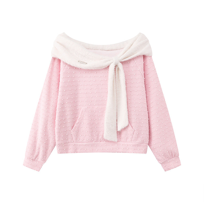 Women's Cozy Knitted Sweater with Large Faux Fur Shawl Collar and Kangaroo Pocket Mune Fashion