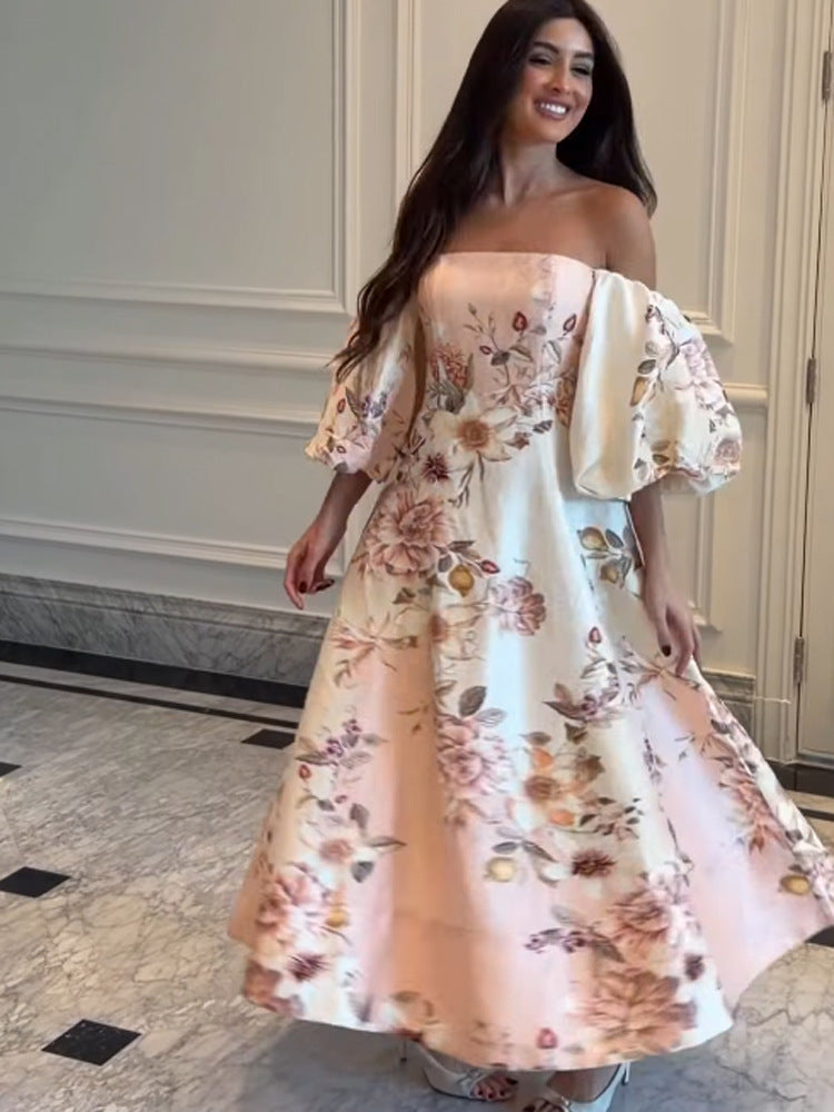 Women Elegant Off-Shoulder Evening Dress with Flared Skirt and Balloon Sleeves Mune Fashion