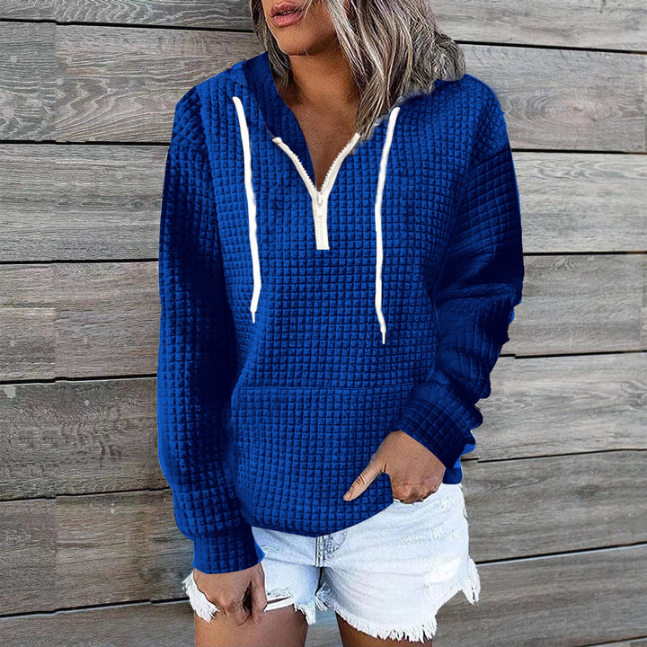 Women's waffle texture hoodie with half zip, kangaroo pocket, and casual oversized cut Mune Fashion