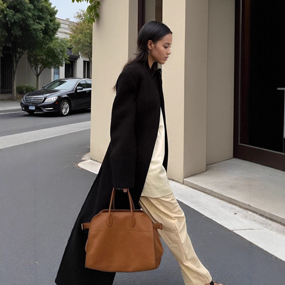 Women's Sculptural Midi Coat with Distinctive Shoulder Design and Concealed Button Placket Mune Fashion