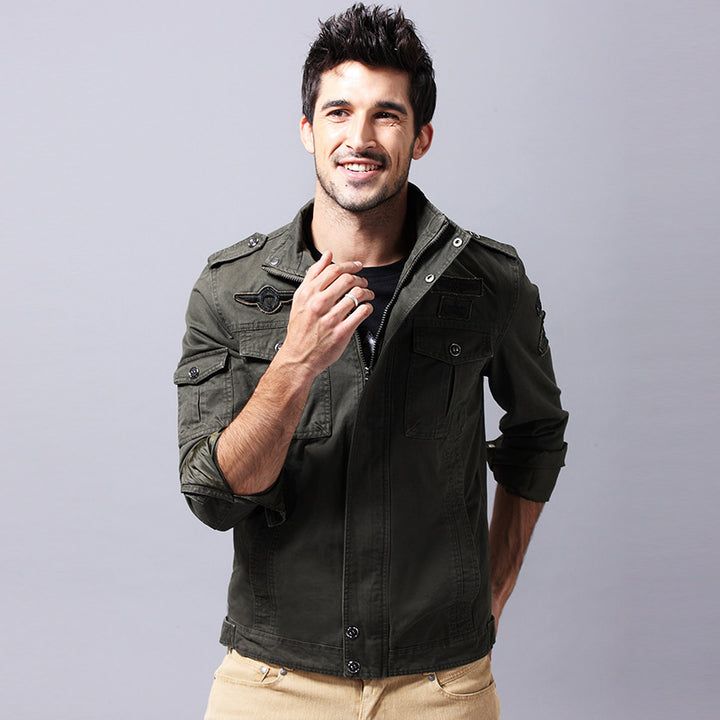Men's Canvas Field Jacket in Military Utility Style with Epaulettes, Chest Flap Pockets, and Stand Collar Mune Fashion