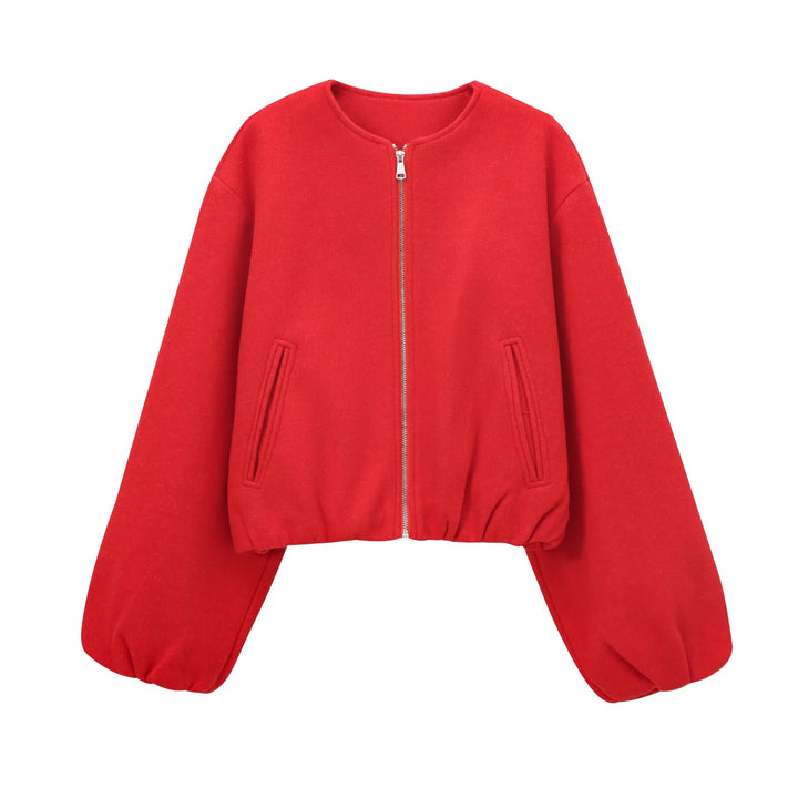 Women's short oversized wool blouson with zipper, balloon sleeves and elastic hem Mune Fashion