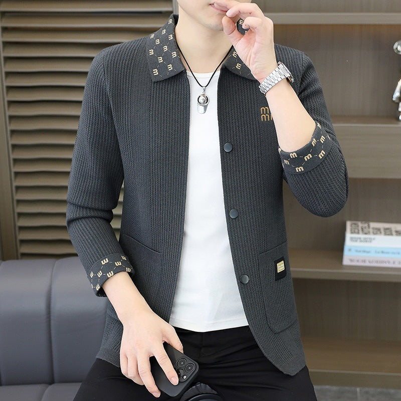 Men's Textured Knit Blazer with Patterned Collar and Button Placket Mune Fashion